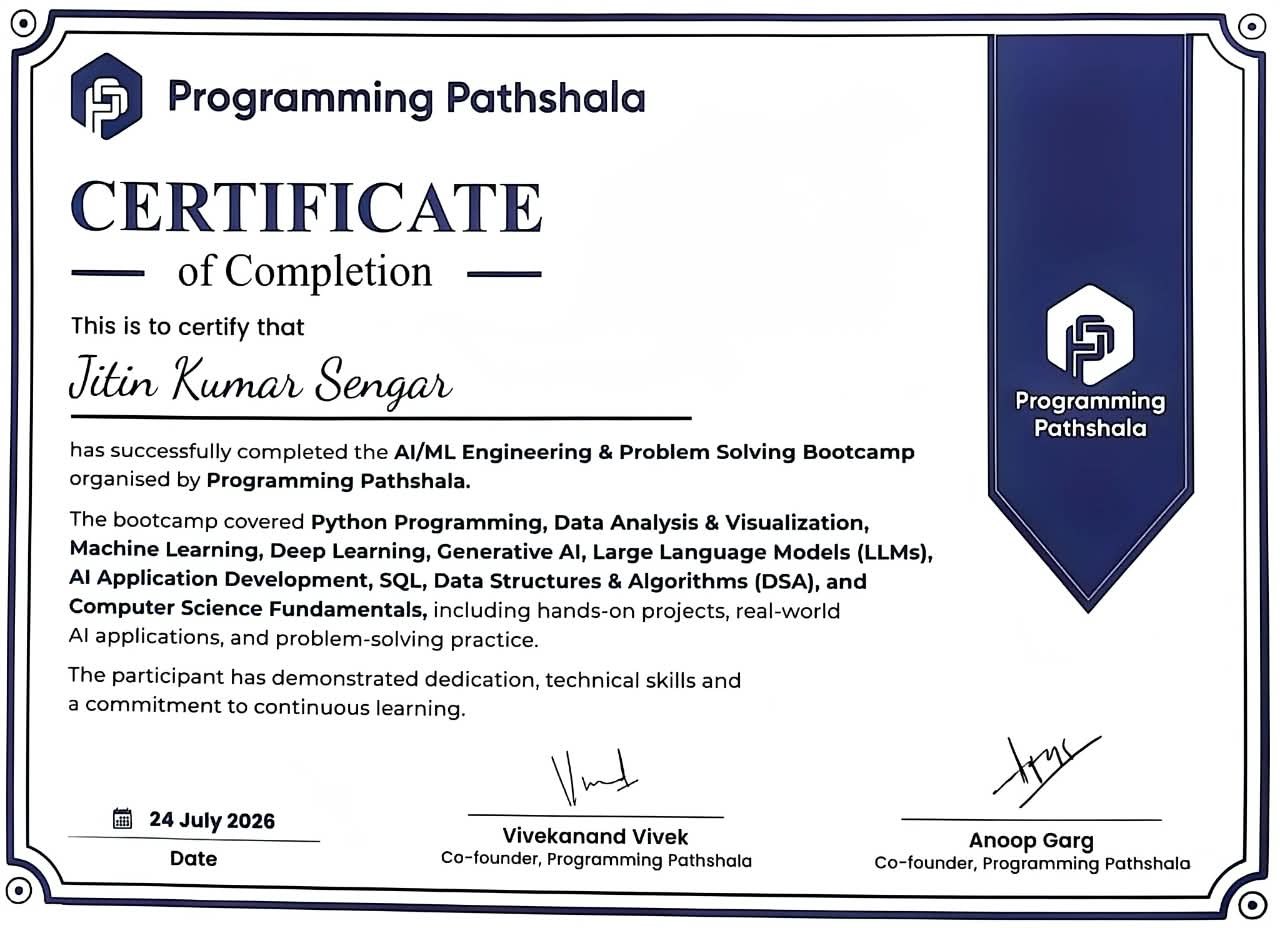 Certificate of completion for the AI/ML Engineering and Problem Solving Bootcamp by Programming Pathshala