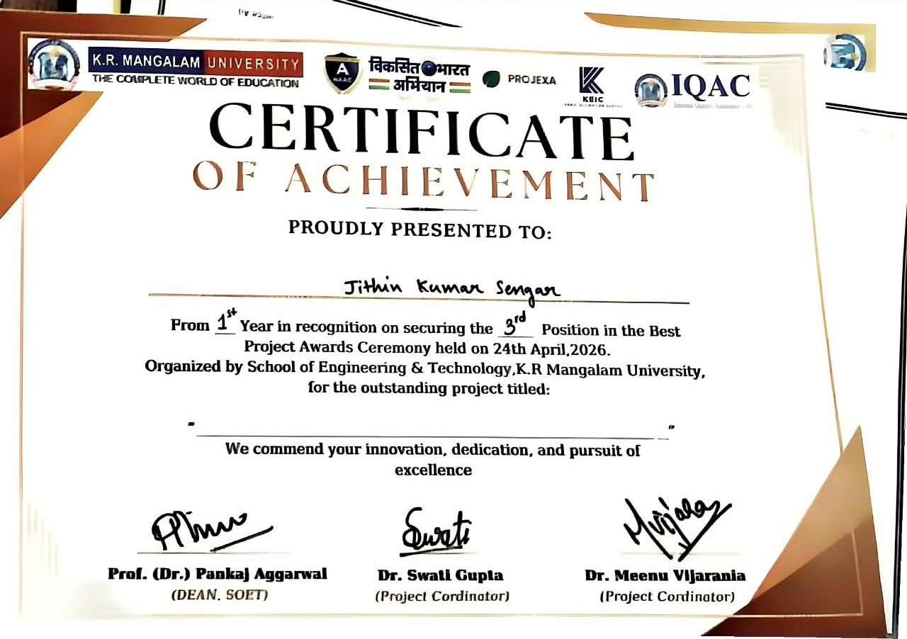 Certificate of achievement for third position in the Best Project Awards Ceremony