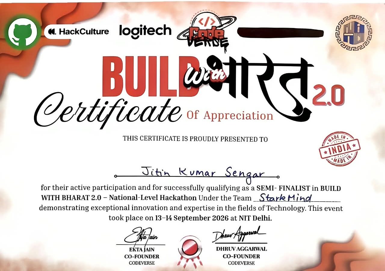 Certificate of appreciation for reaching the semi-finals of Build with Bharat 2.0