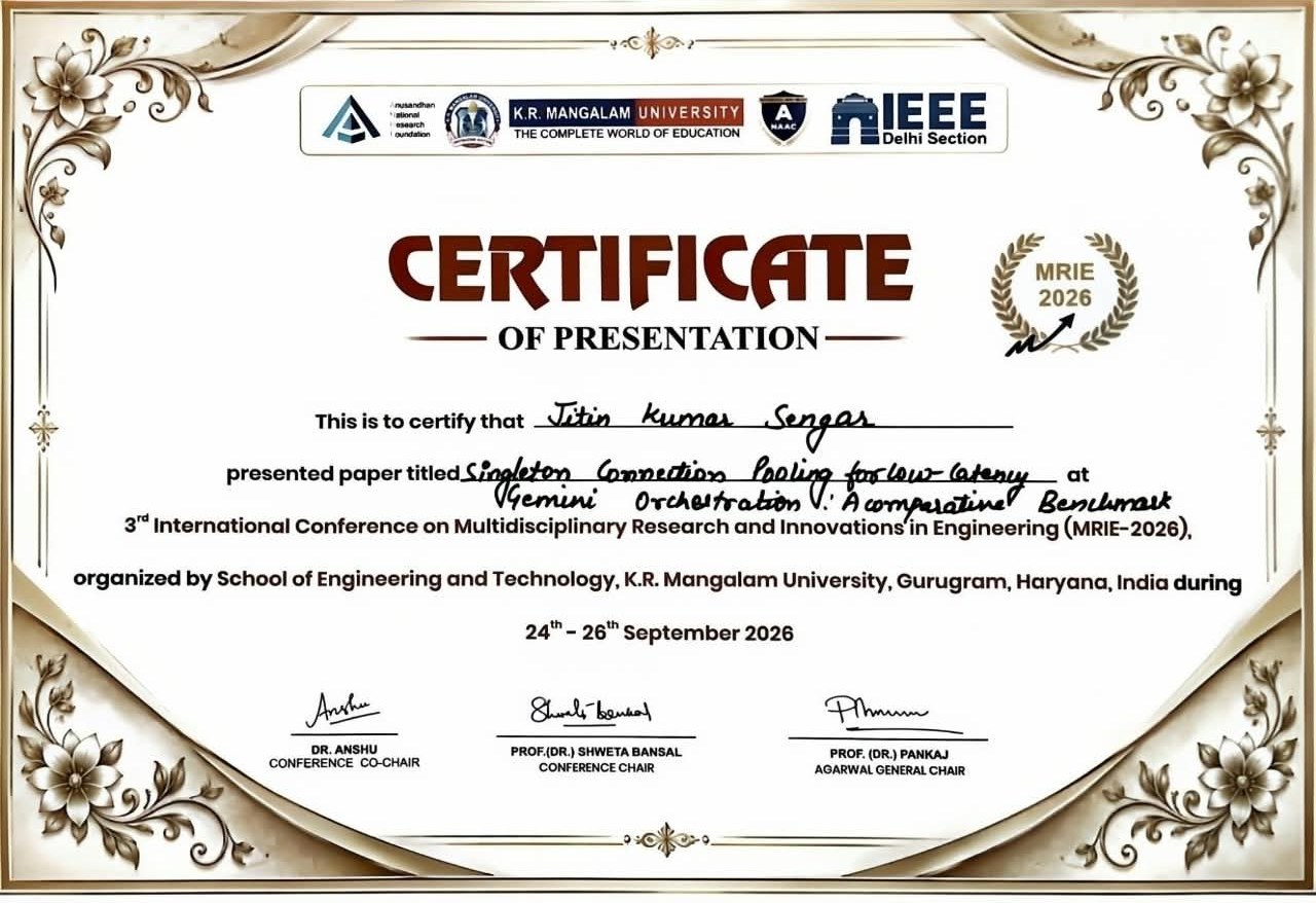 Certificate of presentation for my paper at MRIE-2026, K.R. Mangalam University