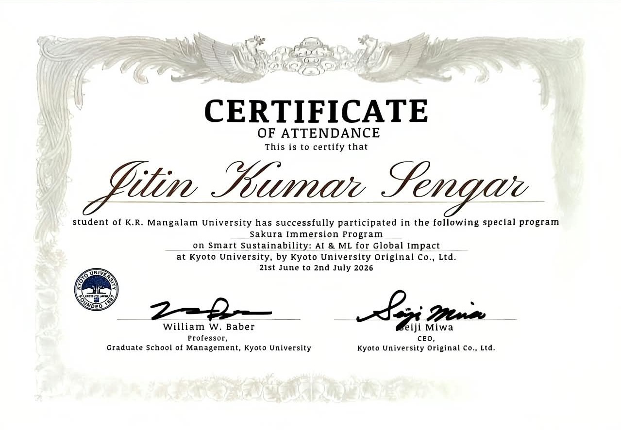 Certificate of attendance for the Sakura Immersion Program at Kyoto University