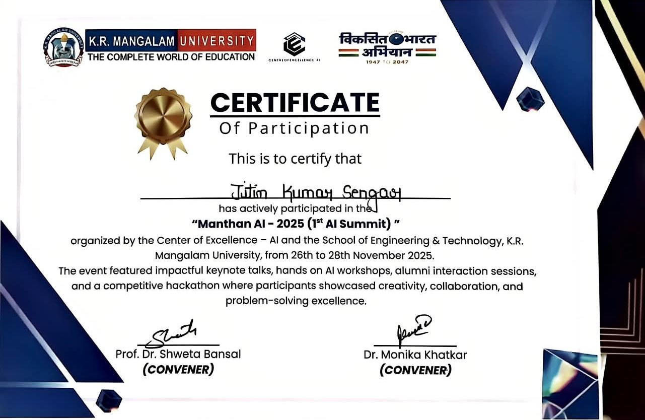 Certificate of participation for Manthan AI 2025, K.R. Mangalam University