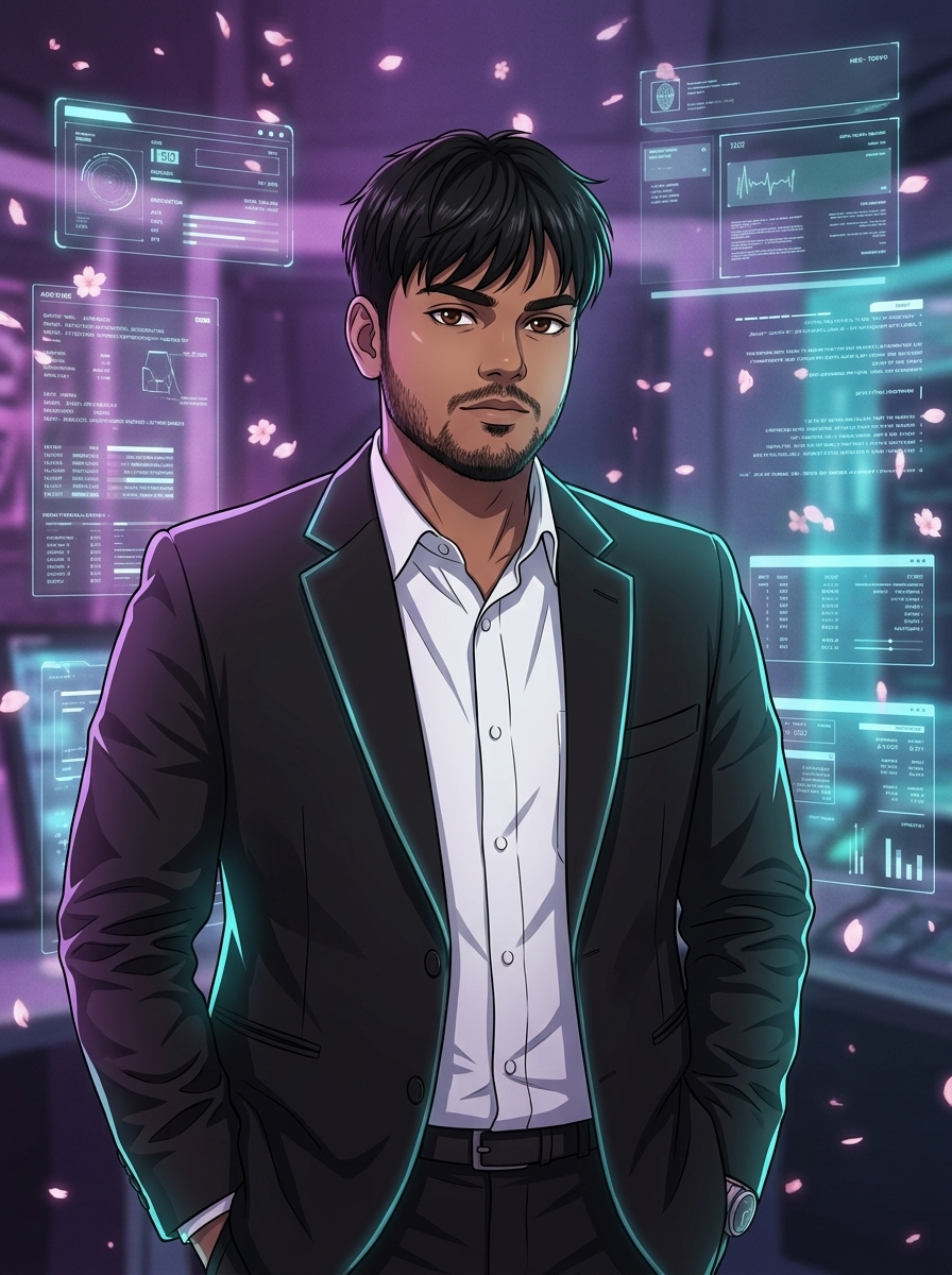 Anime-style illustration of Jitin Kumar Sengar in a dark blazer